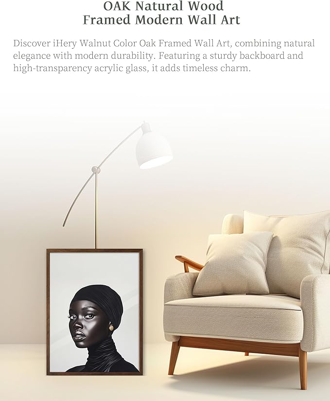 iHery Natural OAK Wood Fashion Black Girl Walnut Color Framed Wall Art, 12x16 in Black and White Modern Hijabi Canvas Wall Decor, Trendy Afro Art For Bedroom Bathroom Living Room 1Pack