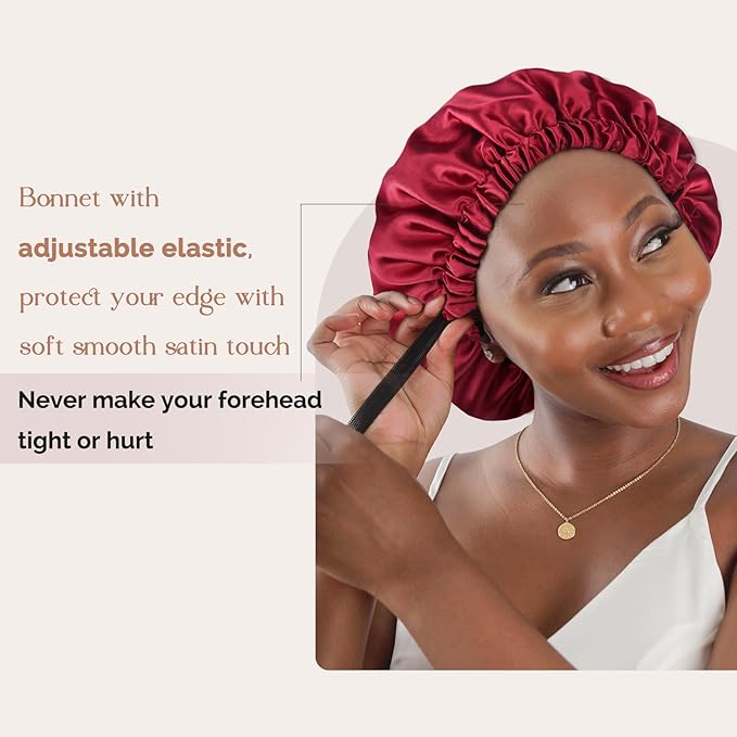 YANIBEST Adjustable Silk Bonnet Double Layer Satin Bonnet Hair Bonnet for Sleeping Bonnets for Women Hats Curly Natural Hair, Burgundy