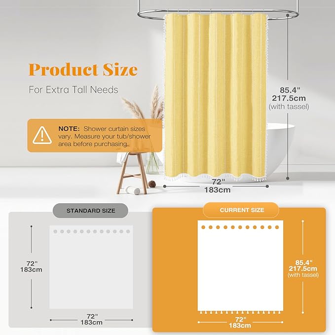BTTN Extra Long Shower Curtain - 72x84 Long Boho Chic Striped Tassel Linen Fabric Shower Curtain Set with Hook, Tall Modern Farmhouse Cute Rustic Heavy Duty Cloth Shower Curtains for Bathroom - Yellow