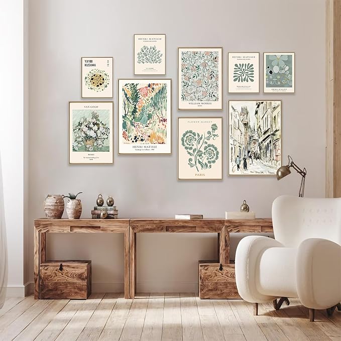 Sage Green Wall Art Prints Eclectic Decor, ASTRDECOR 9 PCS Sage Green Wall Decor Aesthetic, Green Matisse Wall Art Exhibition Poster Set, Bathroom, Hallway- Unframed