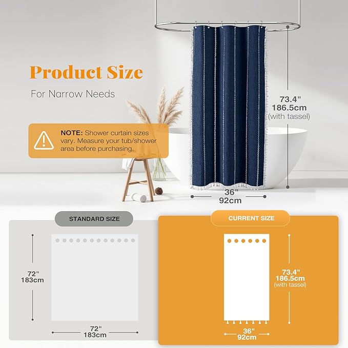 BTTN Boho Shower Stall Curtain - 36x72 Narrow Linen Ultra Thick Striped Tassel Fabric Shower Curtain Set with 6 Hooks, Half Modern Farmhouse Cottage Weighted Shower Curtains for Bathroom - Navy Blue