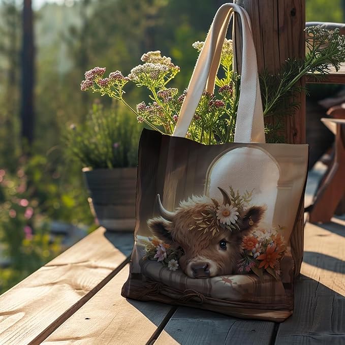 Western Highland Cow Canvas Tote Bag - Highland Cow Lover Gifts,Canvas Shoulder Bag for Women for Girls