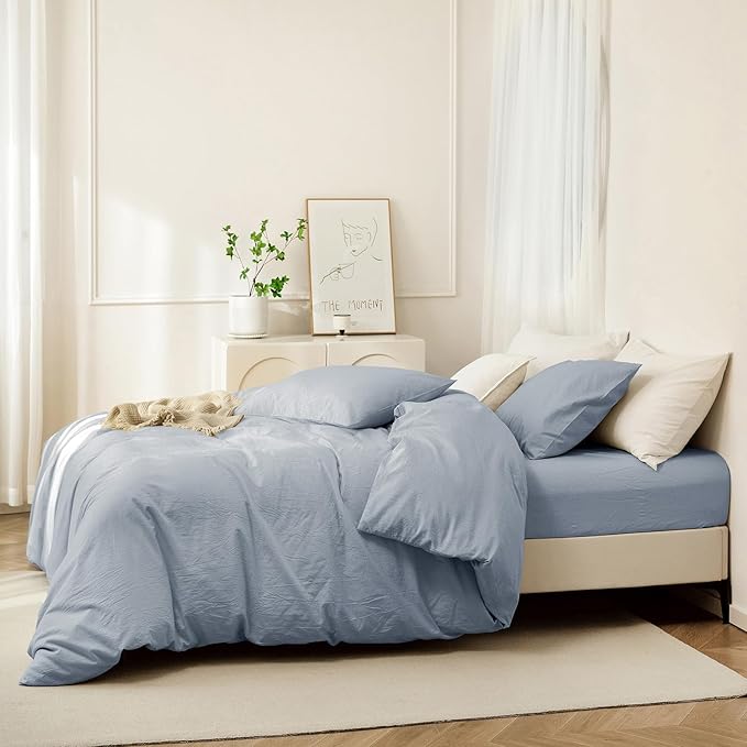 JIYUAN 100% Washed Cotton Duvet Cover Set 3 Pieces Cal King, 1 Duvet Cover 104x98 Inches(Comforter Not Included) and 2 Pillowcases,Linen Feel Bedding Set Comfy and Breathable, Heathered Light Blue