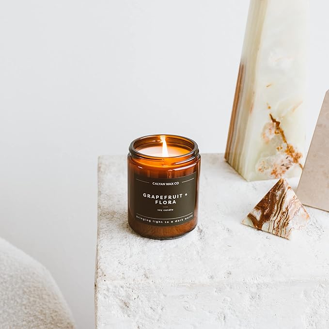 Calyan Wax Co. Candle, Grapefruit + Flora Scented Candle, 57 Hour Burn Time, Aromatherapy Soy Candles, Non Toxic & Vegan Soy Wax, Amber Glass Jar Scented Candles, 7.2oz