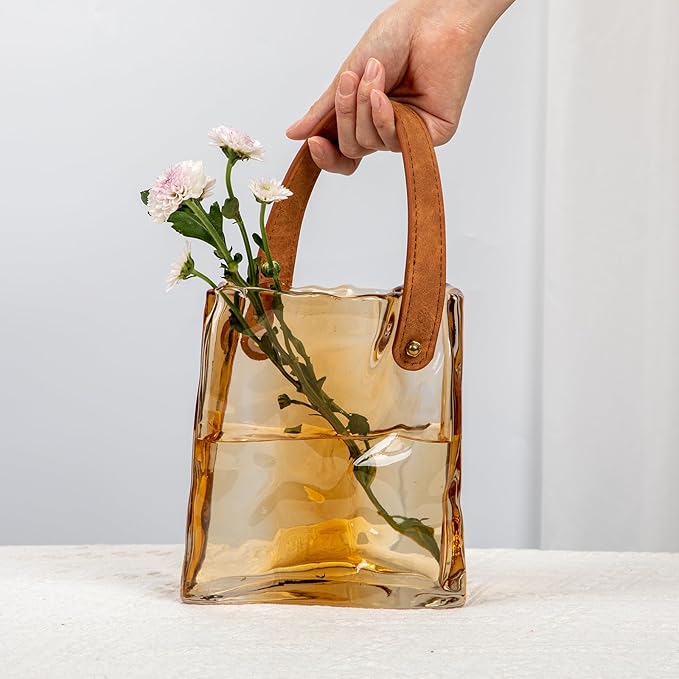 Glass Purse Vase for Flowers Amber Vases for Centerpieces Glass Bag Vase with Leather Handle Small Bag Vases for Decor Decorative Fish Bowl for Home Wedding Decor