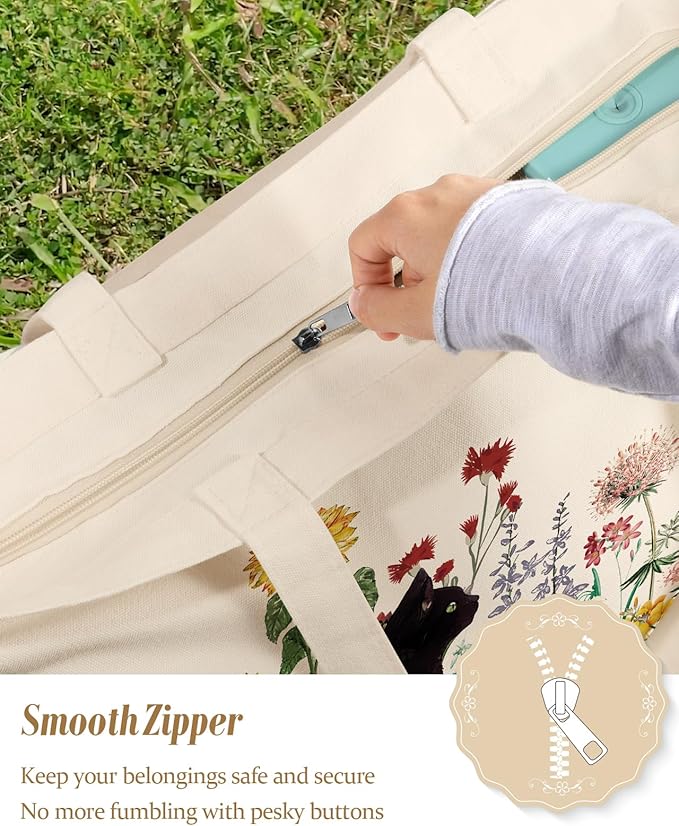 Large Tote Bag for Women - Canvas Tote Bag with Zipper Aesthetic Reusable Shoulder Bag for Gym, Travel, Work