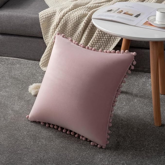 DEZENE 18x18 Throw Pillow Covers Pink: 2 Pack Cozy Soft Pom-poms Velvet Square Decorative Pillow Cases for Farmhouse Home Decor