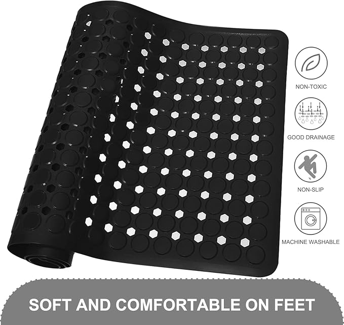 Bath Mat for Tub & Shower, Non Slip Soft Bathmat with Suction Cups & Drain Holes, Machine Washable Bathtub Floor Liner Mats for Bathroom, 35x16 Inch, Black