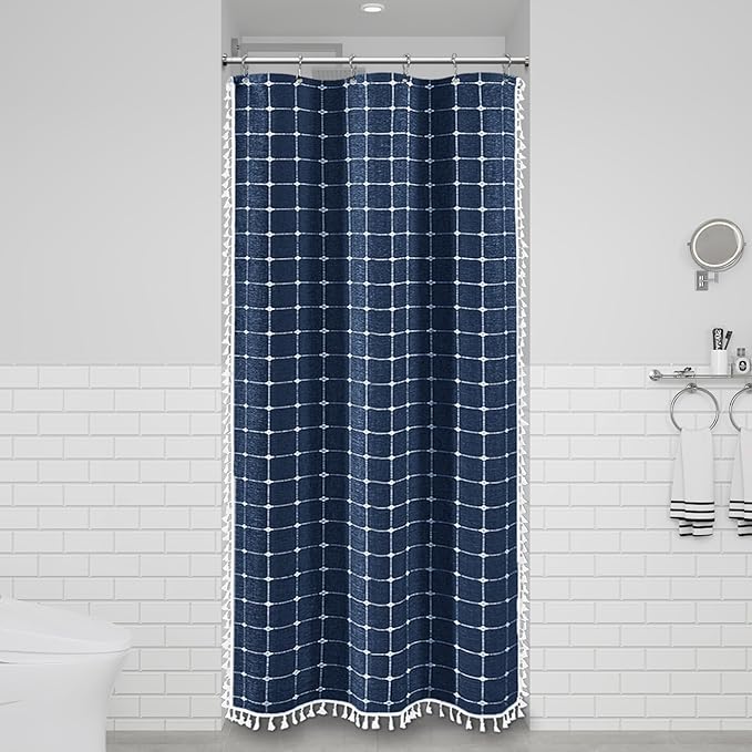 BTTN Boho Shower Stall Curtain - 36x72 Narrow Linen Ultra Thick Tassel Fabric Cloth Shower Curtain Set with 6 Plastic Hooks, Half RV Modern Farmhouse Country Shower Curtains for Bathroom, Navy Blue