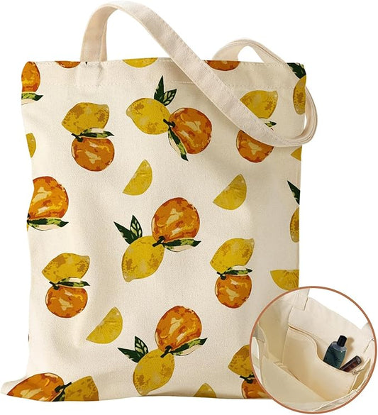 Aesthetic Canvas Tote Bag with Inner Pocket for Women, Cloth Cotton Totes Bag with Pattern for Shopping, Gym