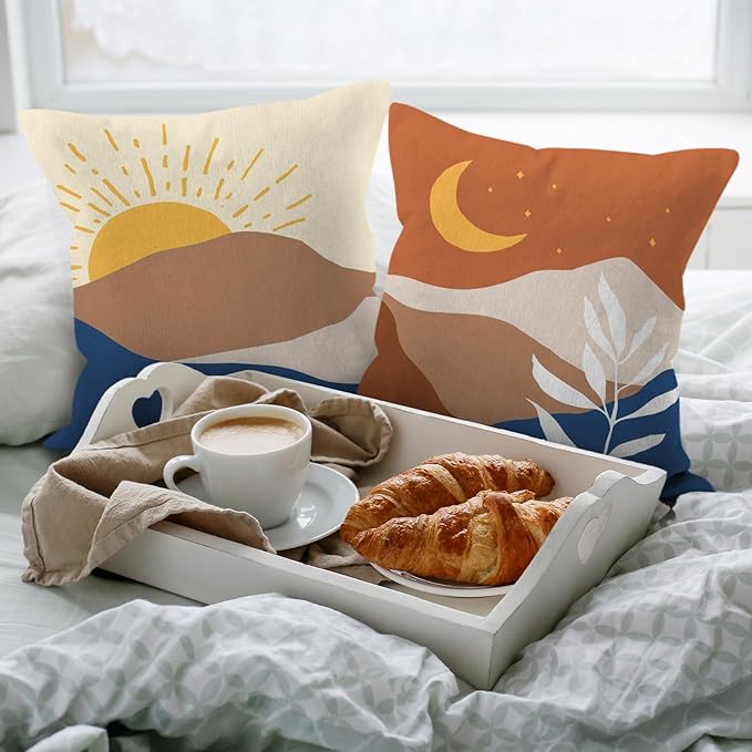 HIWX Boho Pillow Covers, Boho Sun Moon Mountains Decorative Pillowcase Throw Pillow Cover 18x18,Boho Throw Pillows,Boho Sun Desert for Sofa Bed Room Home Bedroom Decor Set of 2 Pillow Case（Orange）