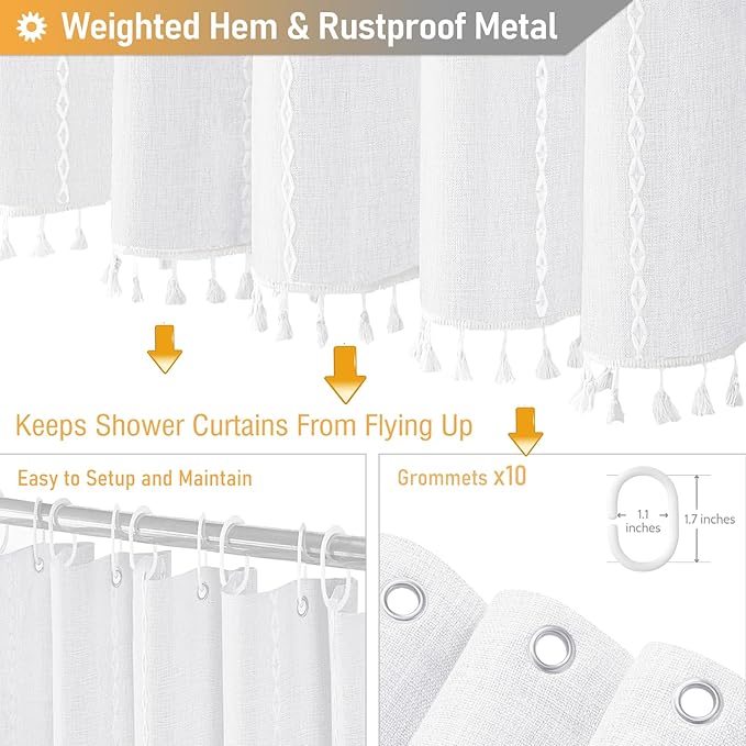 BTTN Stall Shower Curtain - 60x72 Narrow Boho Farmhouse Linen Vintage Striped Fabric Shower Curtain Set with 10 Hooks, Bohemian Cottage Decorative Heavy Duty Shower Curtains for Bathroom - White