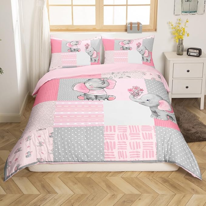 Girly Cute Elephant Bedding Set King Size for Woman Men,Pink Gray Plaid Geometric Comforter Cover with 2 Pillowcases,Cartoon Animals Stripes Dots Duvet Cover Set Microfiber Quilt Cover