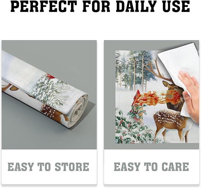 Giwawa Winter Deer Placemats Set of 4 12x18 Inch Christmas Reindeers Elk Moose Place Mat Xmas Trees Snow Wildlife Table Mats Washable Stain Resistance for Kitchen Dining Seasonal Party Decor