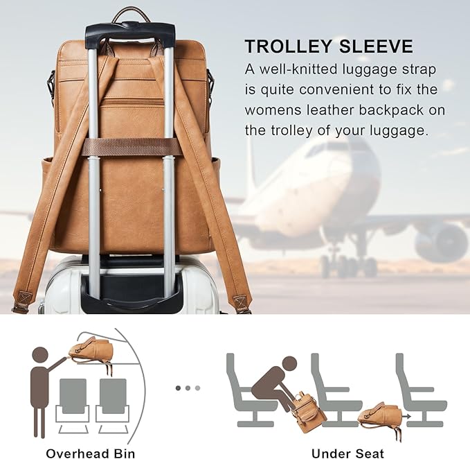 Shrrie 15.6 inch Laptop Backpack for Women,Large Leather Purse,Travel Backpacks Carry on,Water Resistant Casual Laptop Backpacks,College Backpack,Work Backpack for Women,Two-tone Camel Brown