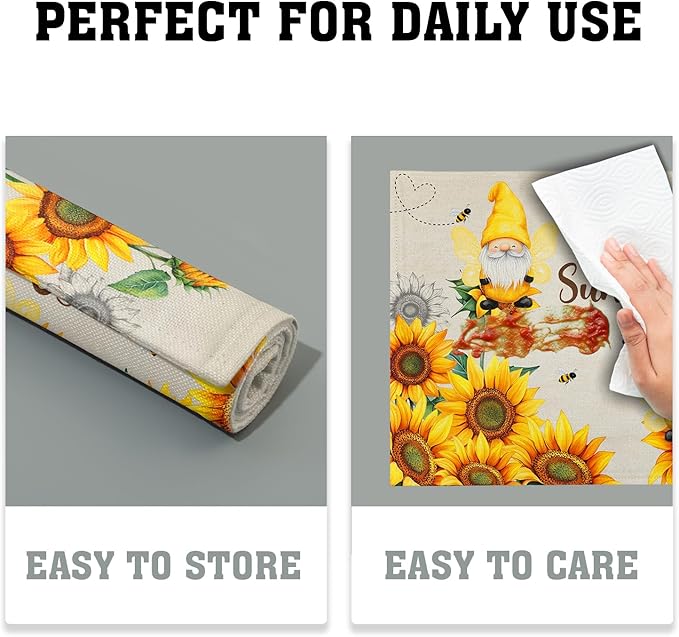 Giwawa Bee Gnomes Placemats Set of 4, 12x18 Inch Vintage Summer Sunflowers Linen Place Mat, Sunshine Floral Heat Resistant Washable Table Mats Kitchen Dining Seasonal Farmhouse Decor