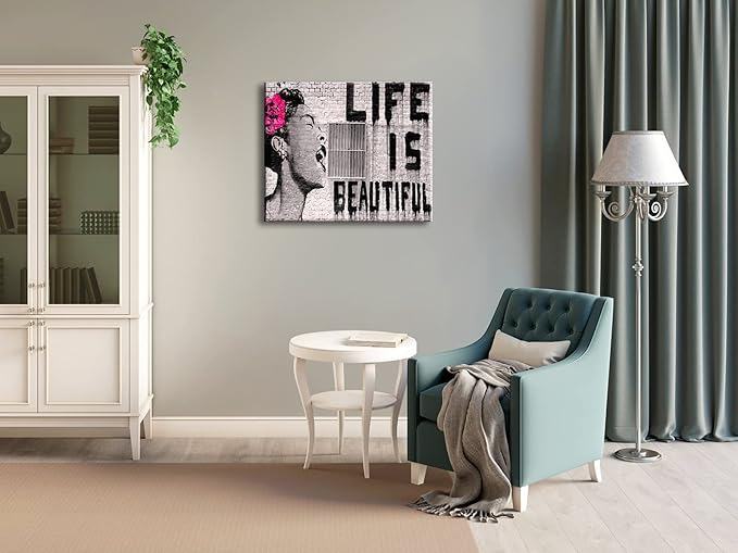 Wieco Art Abstract Giclee Canvas Prints Wall Art Ready to Hang for Kitchen Home Office Decor Banksy Life is Beautiful Large Modern Stretched and Framed Grey Impressionist Pictures Paintings Artwork