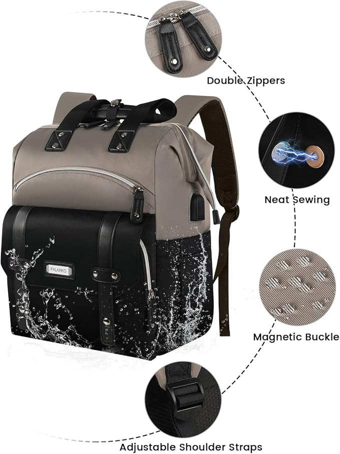 FALANKO Women Laptop Backpack, Doctor Nurse Teacher Work Adult Backpack for 15.6 Inch Laptop with RFID Anti-theft USB Charging Port College Business Computer Bookbag Grey Black