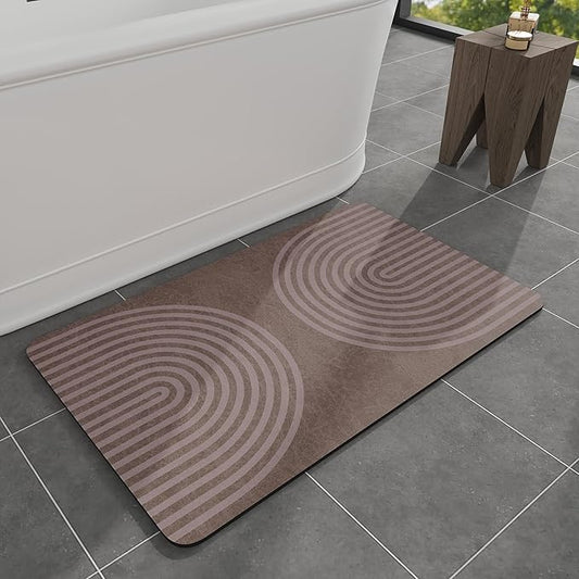 MontVoo -Bath Mat-Non Slip Thin Bathroom Rugs Fit Under Door- Quick Dry Absorbent Faux Suede Surface Grey Bathroom Floor Mats-Shower Rug for in Front of Bathtub Shower Brown Arched 17x27.5