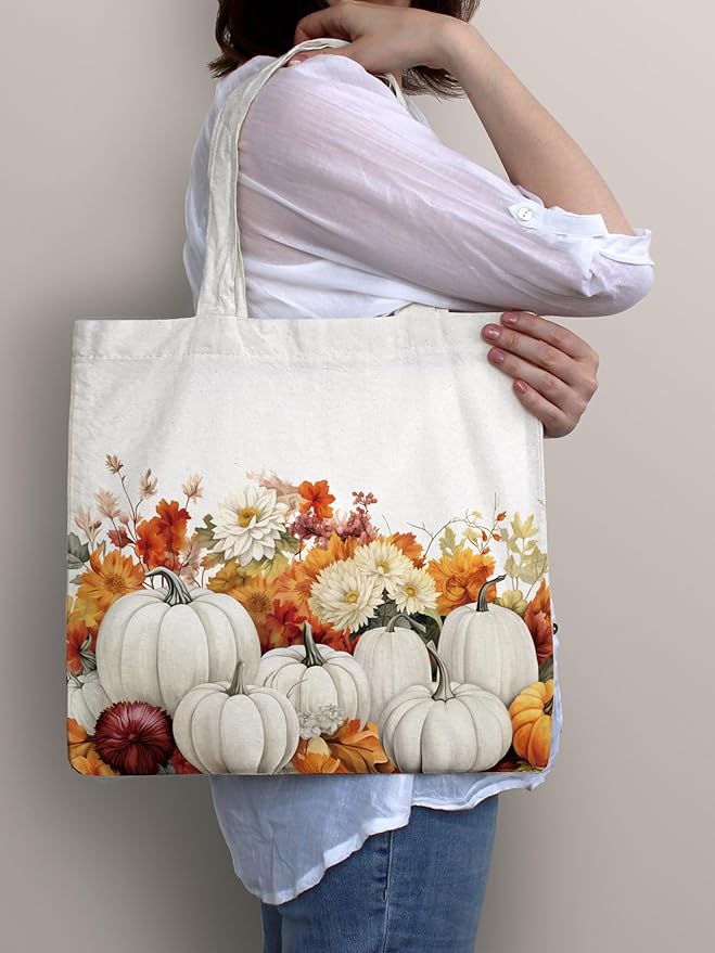Bencailor 2 Pcs Fall Canvas Tote Bag Thanksgiving Pumpkin Maple Leaf Tote Pouch Cute Aesthetic Reusable Grocery Bag for Women
