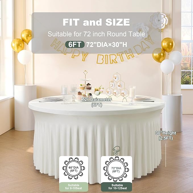 Outpain 8 Pack Ivory 72inch Spandex Round Tablecloths, Stretchy 132inch Fitted 6FT Round Table Cloths, Wrinkle Free Table Cover with Skirt for Wedding Party Dining Banquet