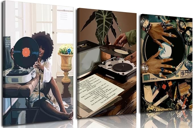 Framed Black Girl Canvas Wall Art 3Pcs black Girl Record Music Wall Decor Pictures Funky Black Girl Posters prints for Modern Black Woman Bedroom Home Decoration 16x24in