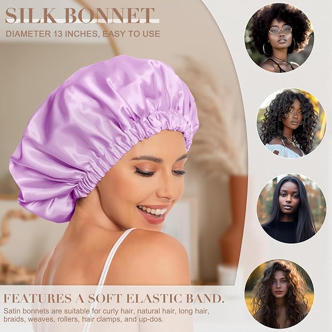 Satin Bonnet Silk Bonnet Hair Bonnet for Sleeping-Slouchy Beanie Hat Satin Sleep Cap for Women's Natural & Curly Hair(Light Purple)