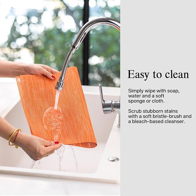 Placemats Set of 6 - Easy Clean Woven Vinyl Placemats for Dining Table, Indoor/Outdoor Place Mats, Washable PVC Table Mats （Orange）