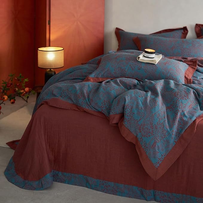 mixinni Muslin Cotton Vintage Blue Floral Duvet Cover Queen Size 3pcs Yarn Dyed Burgundy Jacquard Weave Bedding Comforter Cover Soft Breathable Bedding Sets for All Season-King Size
