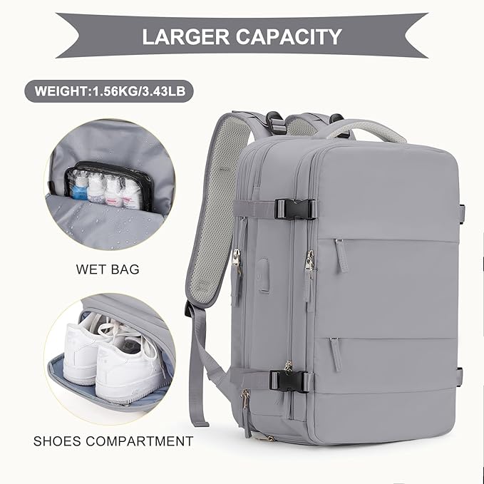 coowoz Large Travel Backpack For Women Men, Carry On Backpack,Hiking Backpack Waterproof Outdoor Sports Rucksack Casual Daypack Expandable Heavy Duty Extra large Backpack Grey Expansion