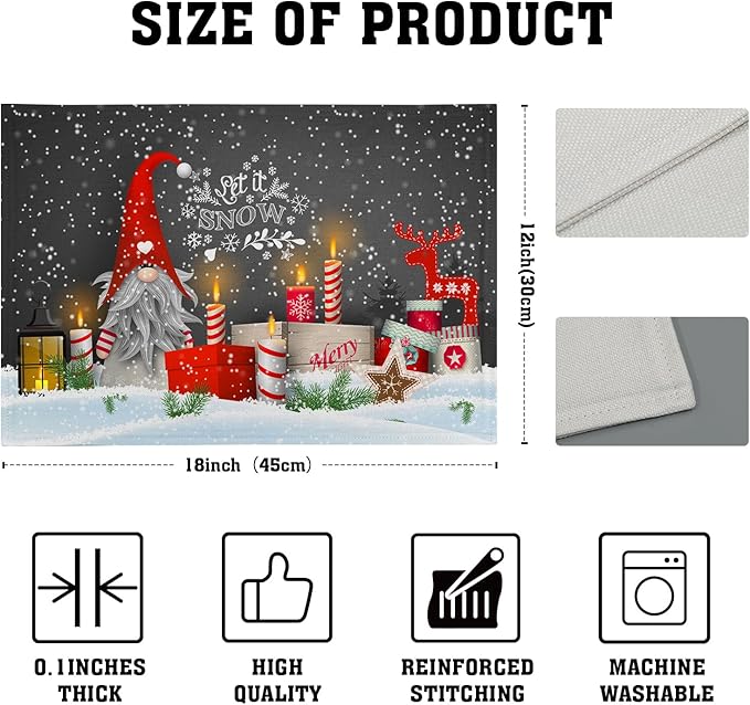 Giwawa Christmas Gnome Placemats, Let It Snow Xmas Elf Reindeer Place Mat for Kitchen Dining, Winter Snowflakes Non-Slip Washable Table Mats for Tabletop Holiday Camping Decor, Set of 4, 12"x18"