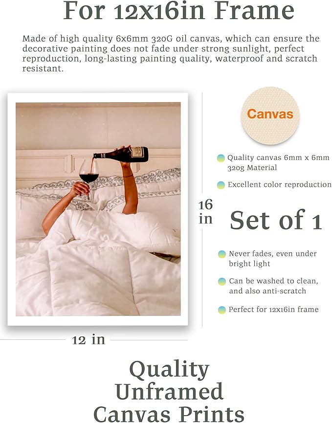 EcoHest Unframed Woman Drinking Wine in Bed Wall Art, 12x16 in OAK Wood Feminist Alcohol Canvas Art, Trendy Teen Girl Bar Cart Print College Room Decor, Beige Logs Set of 1 For Bedroom Living Room