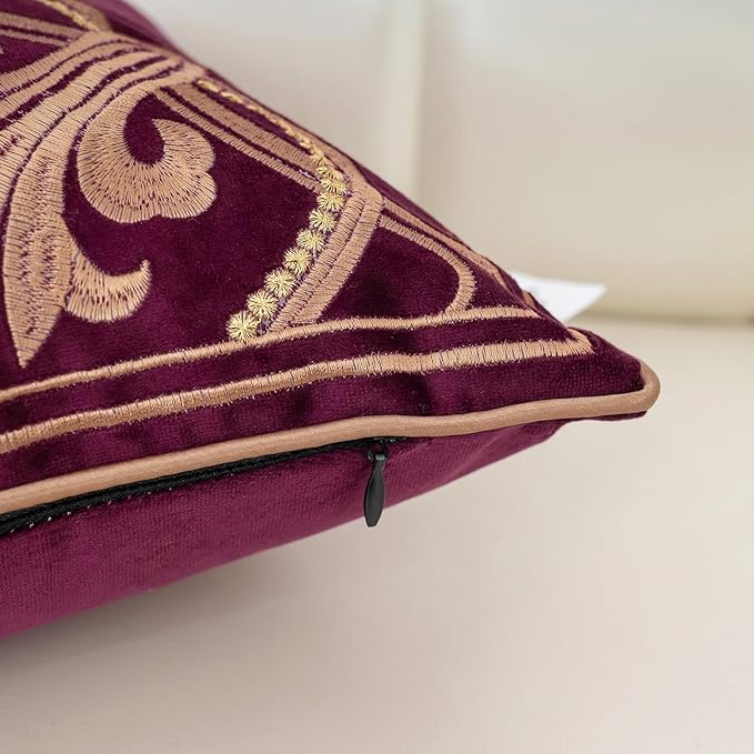 Aeckself Floral Pillow Cover 12x20 Inch, Luxury Velvet Embroidered Decorative Lumbar Throw Pillow Cover for Couch Bedroom Living Room, Burgundy Red and Gold, Yw-OBYG-Red3050