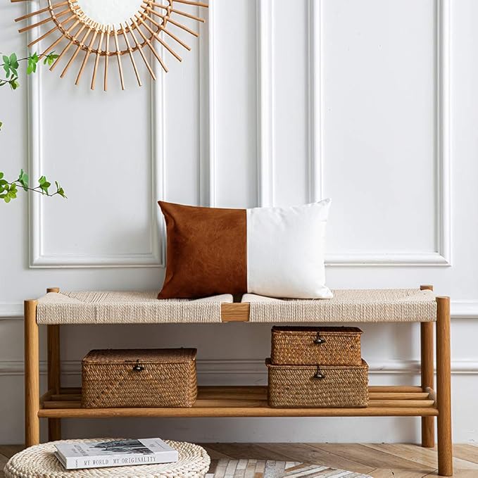 DEZENE Leather Throw Pillow Covers, Set of 2 Modern Leather/Cotton Decorative Pillowcases for Home Decor Bedroom Living Room Couch Bed Sofa, 12x20 Inch, Cognac-Brown and White