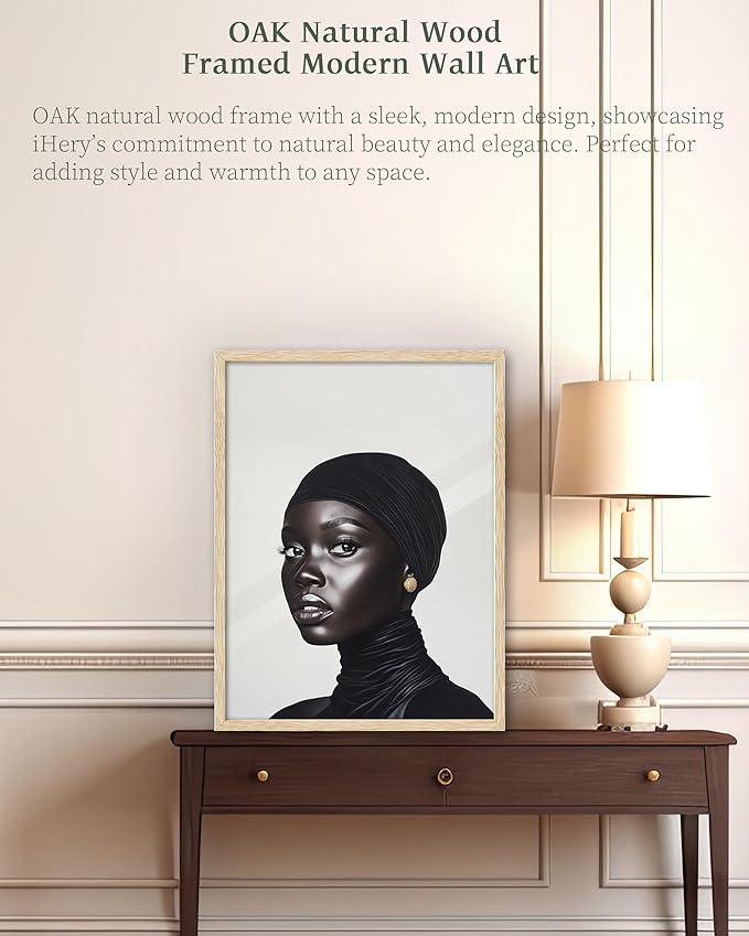 iHery Natural OAK Wood Fashion Black Girl Framed Wall Art, 12x16 in Black and White Modern Hijabi Canvas Wall Decor, Trendy Afro Art Bedroom Decor, Set of 1 For Bathroom Living Room