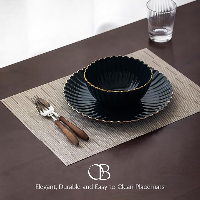 Placemats Set of 4 - Easy Clean Woven Vinyl Placemats for Dining Table, Indoor/Outdoor Place Mats, Washable PVC Table Mats （Pale Beige）