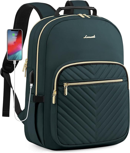 LOVEVOOK Laptop Backpack Purse for Women, Work Business Travel Computer Bags, College Nurse Backpack for Womens, Quilted Casual Daypack with USB Port, Fit 15.6 Inch Laptop, Deepgreen