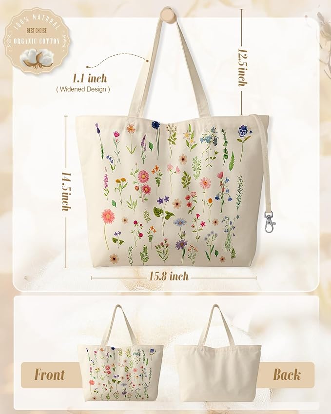 Large Tote Bag for Women - Aesthetic Cute Big Canvas Bags with Zipper Cotton Shoulder Bag for Gym, Travel, Work
