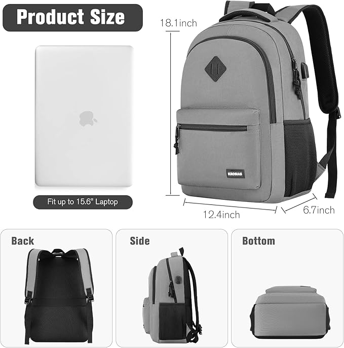 Backpack for Men and Women, School Backpack Teens Boys and Girls 15.6 Inch Laptop Bookbag with USB Charger for High School College Work Travel Business (Dark Gray)