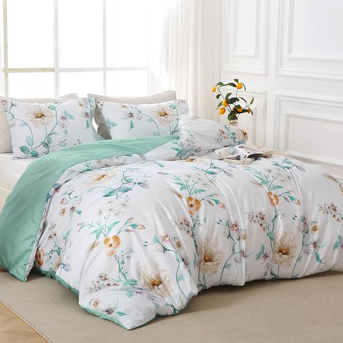 Duvet Cover King Size, Reversible Floral Vintage Duvet Cover Set with Zipper Closure, 3 Pieces Botanical Patterns Soft Microfiber Bedding Set (90"x104", 2 Pillow Cases 20"×36", Colorful Green Branch)