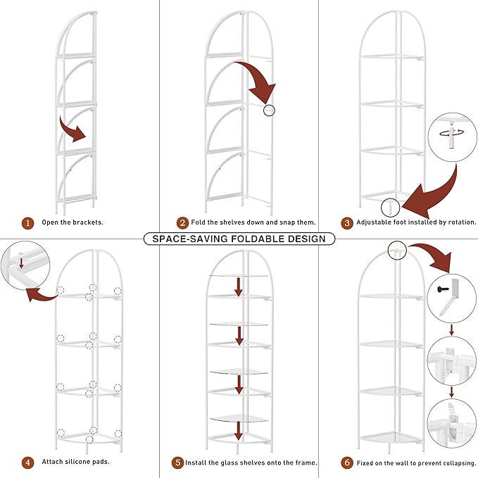 Crofy Foldable 4 Tier Corner Shelf, Metal Corner Plant Stand with White Frame and Transparent Shelves, Corner Display Rack Multipurpose Shelving Unit for Living Room, Bedroom, Bathroom