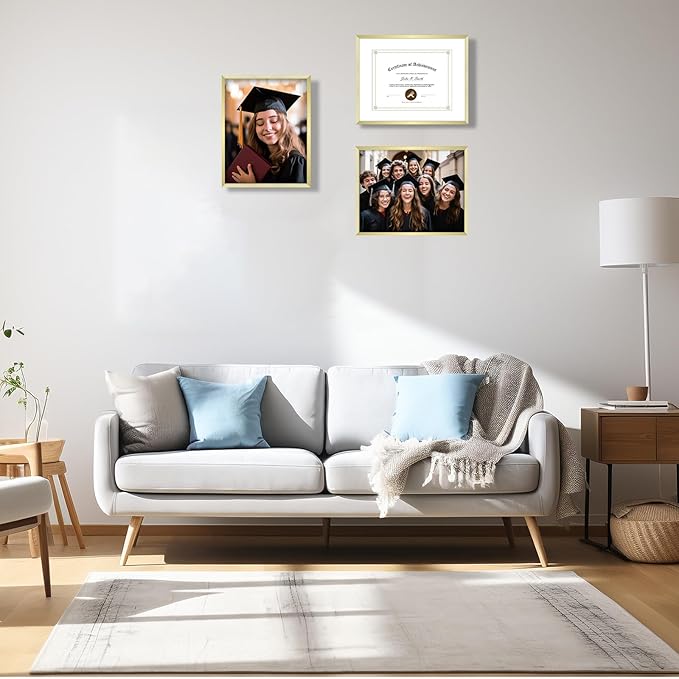 Golden State Art 14x11 Picture Frame 3 Pack - Aluminum Frames with 8.5x11 Removable Mats & Real Glass, Display 11x14 Photos or 8.5x11 Certificates - Gold Gallery Wall Frames for Home Office Decor