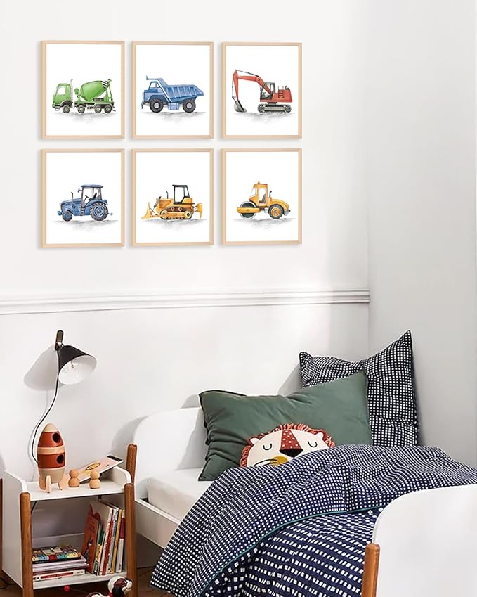 ASTRDECOR Construction Room Decor for Boys, Boys Nursery Decor, Toddler Boy Room Decor, Playroom Wall Art Watercolour Truck Prints for Kids Room, Car Pictures Wall Decor for Playroom, Nursery, Bedroom, Truck Vehicles Posters - 8"x10"x6PCS, Unframed