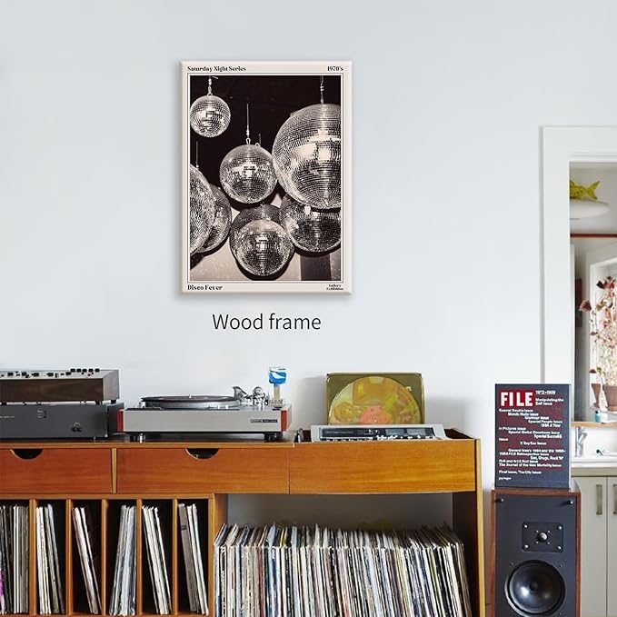 70s Disco Ball Newspaper Wall Art Vintage Black and White Art Posters 16x24 inch Framed Funky Aesthetic Canvas Prints Retro Bar Cart Decor for Bar Bedroom