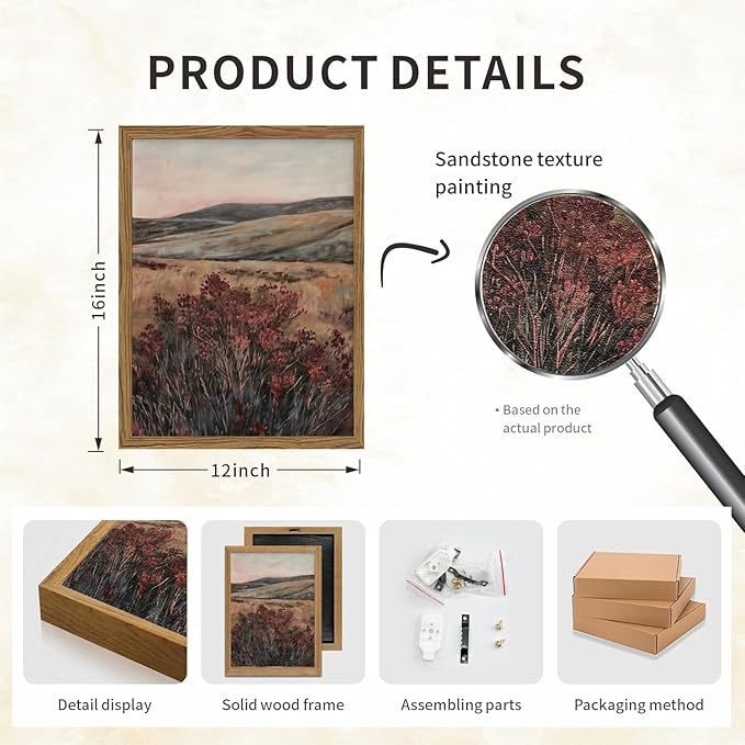 Framed 3D Textured Wall Art, Vintage Landscape Wall Decor Painting, Hand Drawn Sandstone Moody Dark Wildflower Pictures Artwork for Living Room Bedroom 12x16 inch Wood Frame