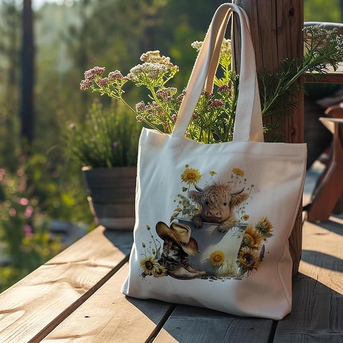 Western Highland Cow Canvas Tote Bag - Highland Cow Lover Gifts,Canvas Shoulder Bag for Women for Girls