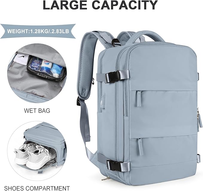 coowoz Large Travel Backpack For Women Men,Carry On Backpack Flight Approved,Hiking Backpack Waterproof Outdoor Rucksack Casual Daypack Fit 15.6 Inch Laptop Shoes Compartment (Gray Blue-L)