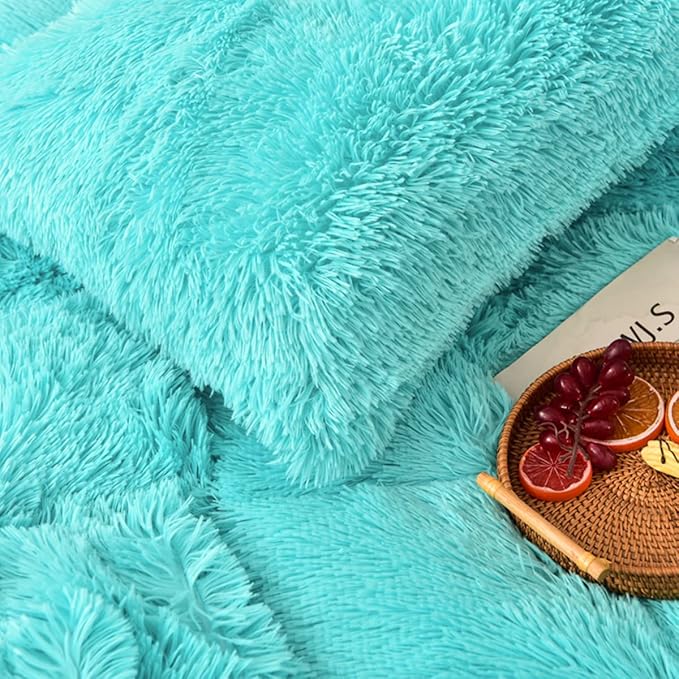 MorroMorn 5 PCS Shaggy Duvet Cover Bedding Set - Long Faux Fur Luxury Ultra Soft (Aqua, Full/Queen)