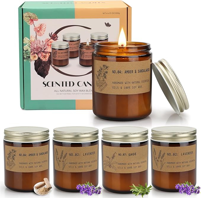 Aromatherapy Candles for Home Scented, Candle Gift Set for Stress Relief | Meditation | Yoga | SPA | Relaxing, Amber Jar Candles for Women, Birthday, Valentine, Mother's Day, 7.1 oz - Pack of 4