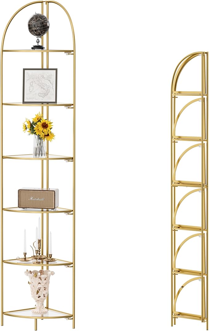 Crofy Foldable 6 Tier Corner Shelf, Metal Corner Plant Stand with Gold Frame and Transparent Shelves, Corner Display Rack Multipurpose Shelving Unit for Living Room, Bedroom, Bathroom